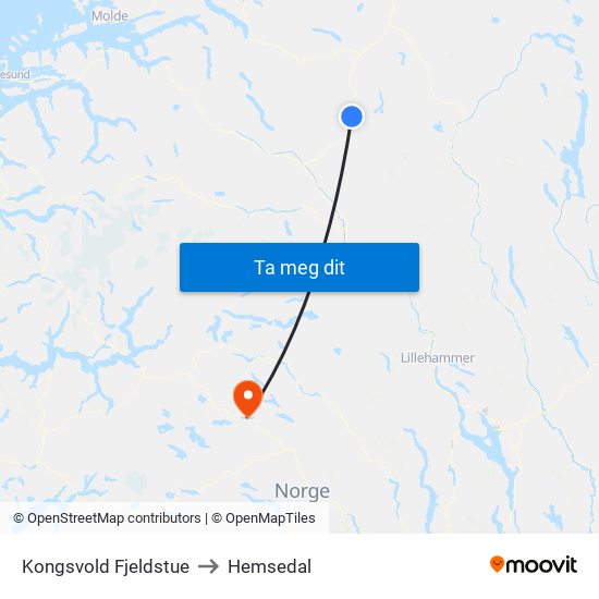 Kongsvold Fjeldstue to Hemsedal map