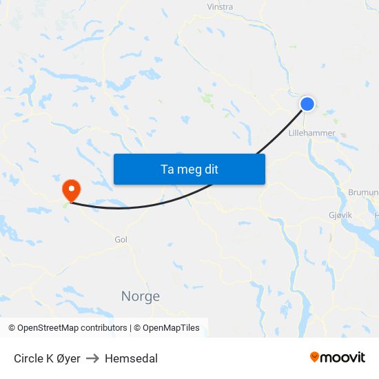 Circle K Øyer to Hemsedal map