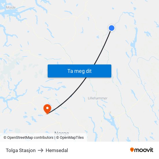 Tolga Stasjon to Hemsedal map