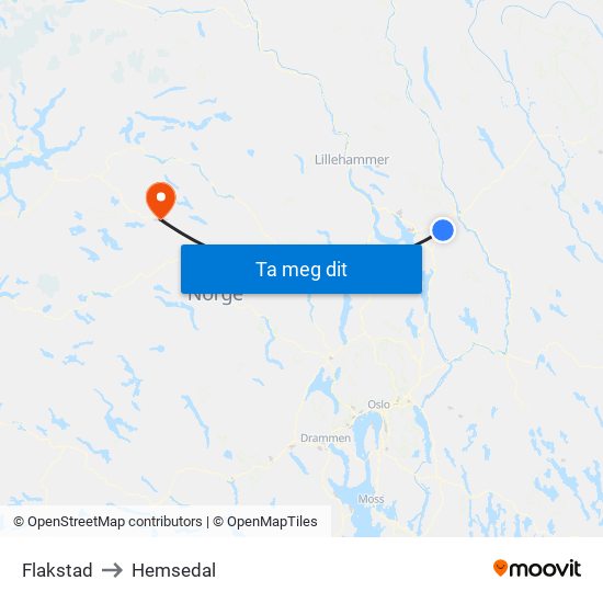 Flakstad to Hemsedal map