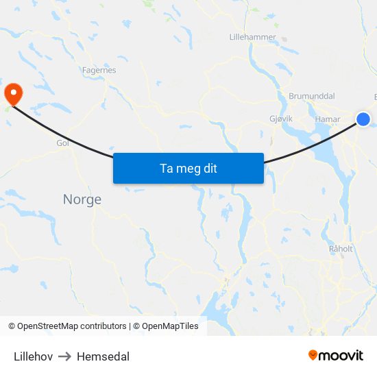 Lillehov to Hemsedal map