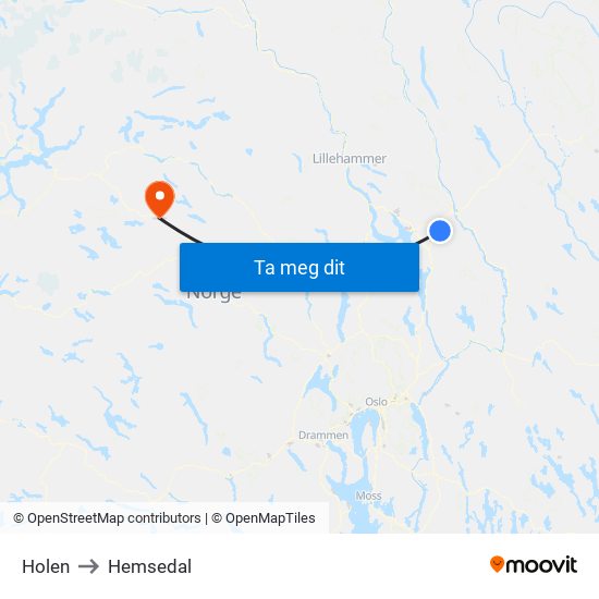 Holen to Hemsedal map