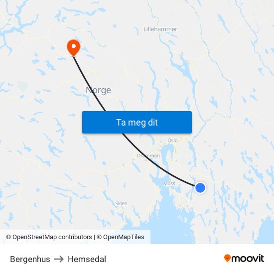 Bergenhus to Hemsedal map