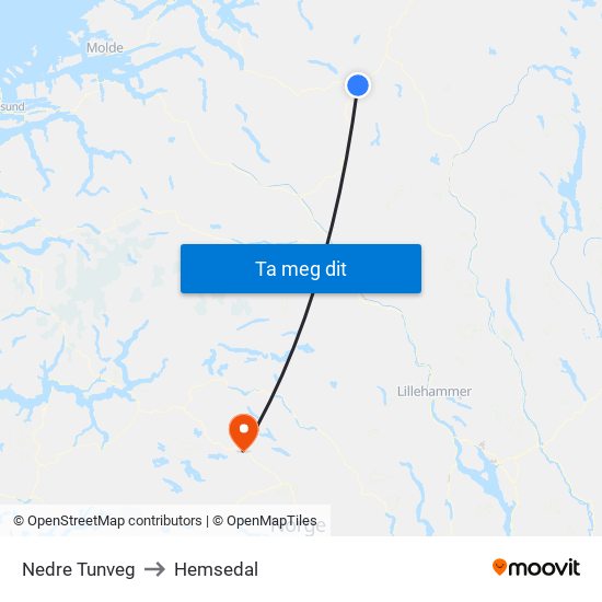 Nedre Tunveg to Hemsedal map