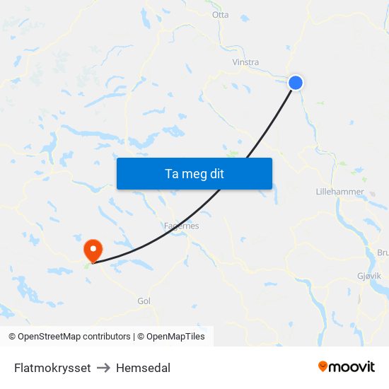 Flatmokrysset to Hemsedal map