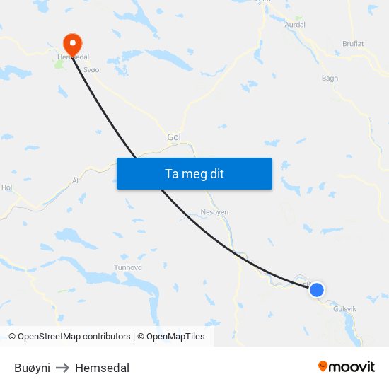 Buøyni to Hemsedal map