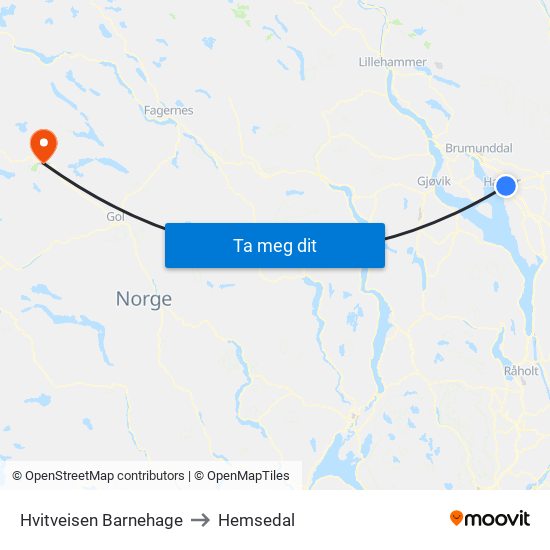 Hvitveisen Barnehage to Hemsedal map