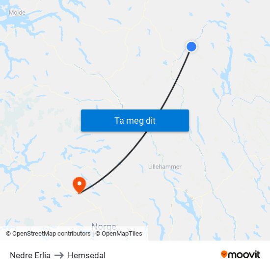 Nedre Erlia to Hemsedal map