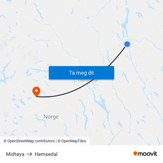 Midtøya to Hemsedal map