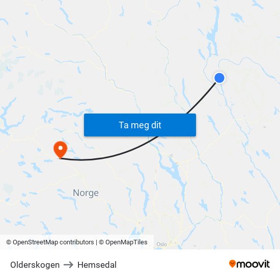 Olderskogen to Hemsedal map