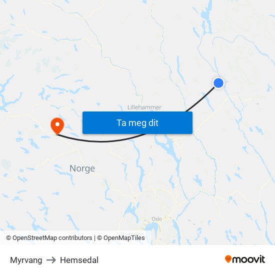 Myrvang to Hemsedal map