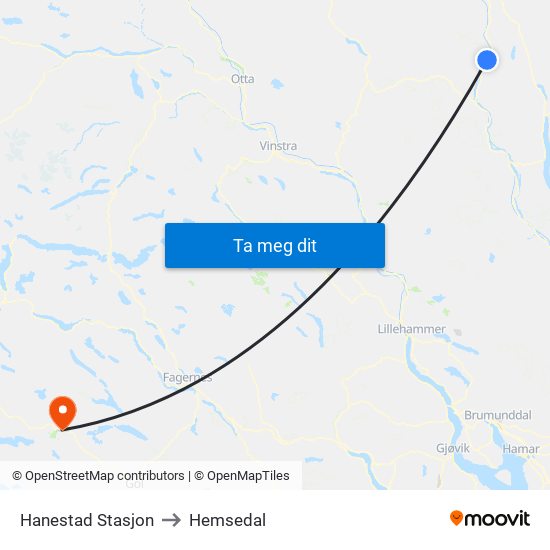 Hanestad Stasjon to Hemsedal map