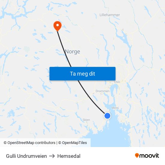 Gulli Undrumveien to Hemsedal map