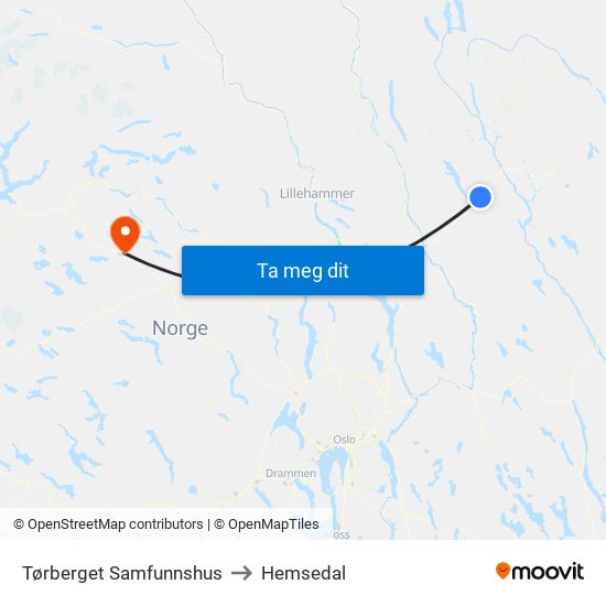 Tørberget Samfunnshus to Hemsedal map