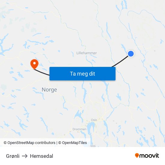 Grønli to Hemsedal map