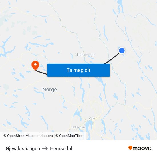 Gjevaldshaugen to Hemsedal map