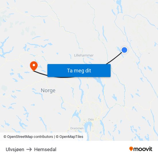 Ulvsjøen to Hemsedal map