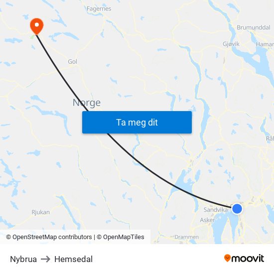 Nybrua to Hemsedal map