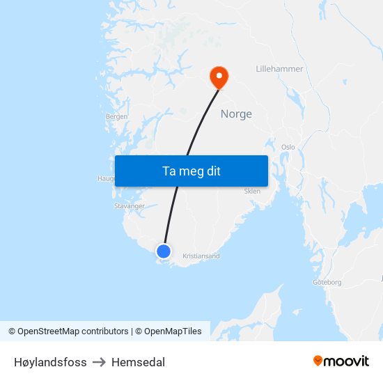 Høylandsfoss to Hemsedal map