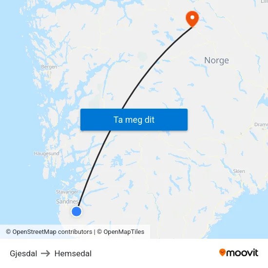 Gjesdal to Hemsedal map