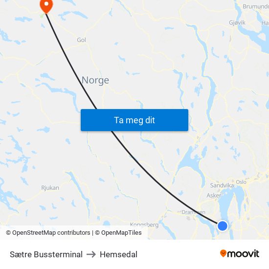 Sætre Bussterminal to Hemsedal map