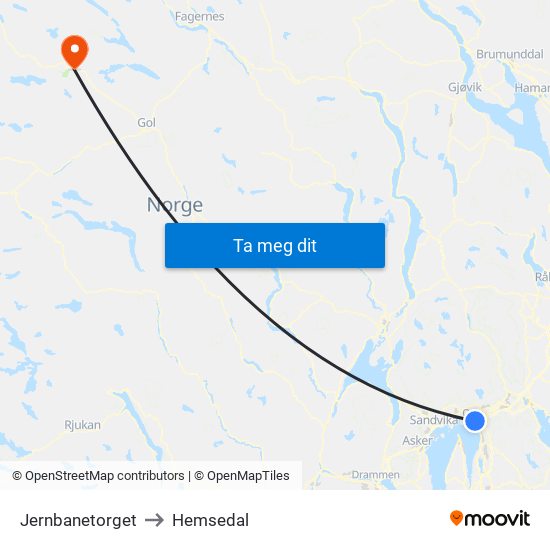 Jernbanetorget to Hemsedal map