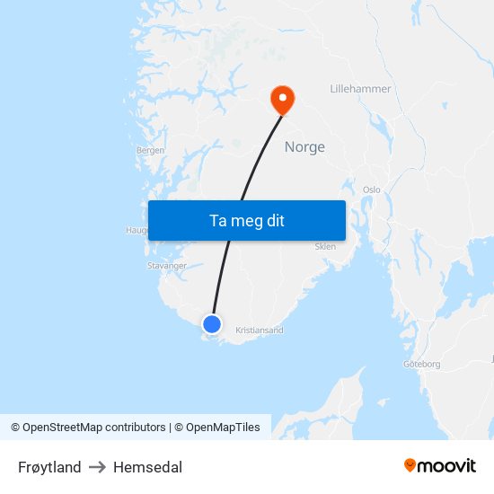 Frøytland to Hemsedal map
