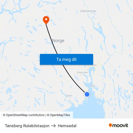 Tønsberg Rutebilstasjon to Hemsedal map