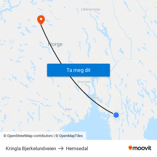 Kringla Bjerkelundveien to Hemsedal map