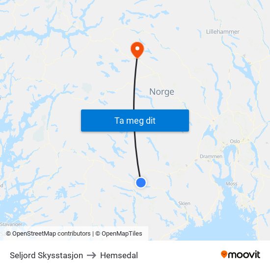 Seljord Skysstasjon to Hemsedal map