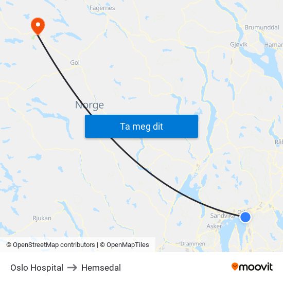 Oslo Hospital to Hemsedal map