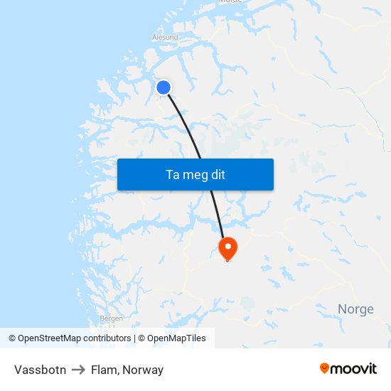 Vassbotn to Flam, Norway map