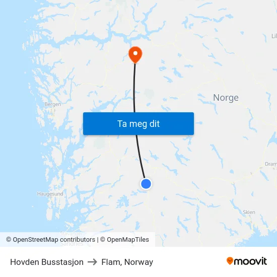 Hovden Busstasjon to Flam, Norway map