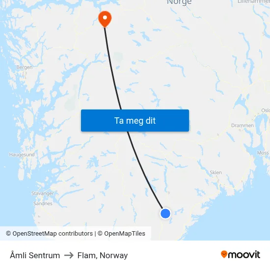 Åmli Sentrum to Flam, Norway map