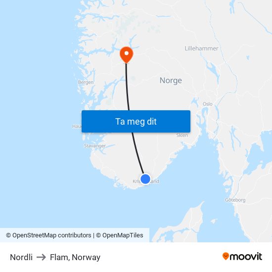 Nordli to Flam, Norway map