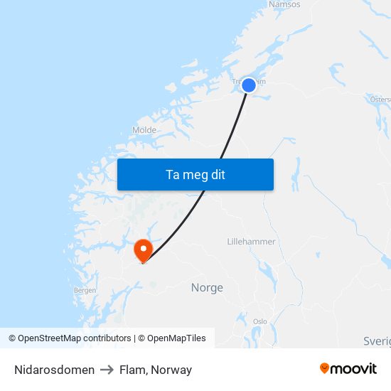Nidarosdomen to Flam, Norway map