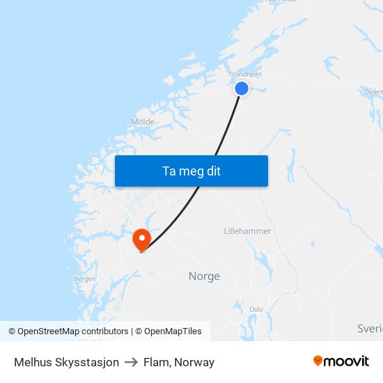 Melhus Skysstasjon to Flam, Norway map