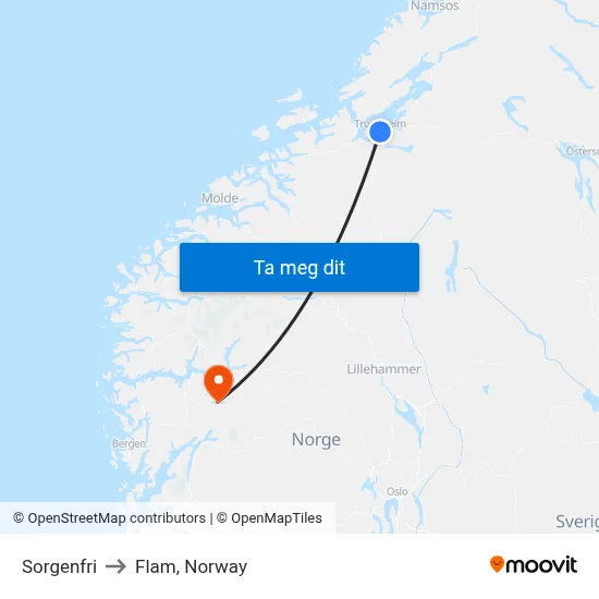 Sorgenfri to Flam, Norway map