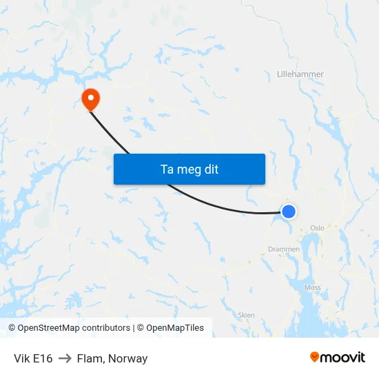 Vik E16 to Flam, Norway map