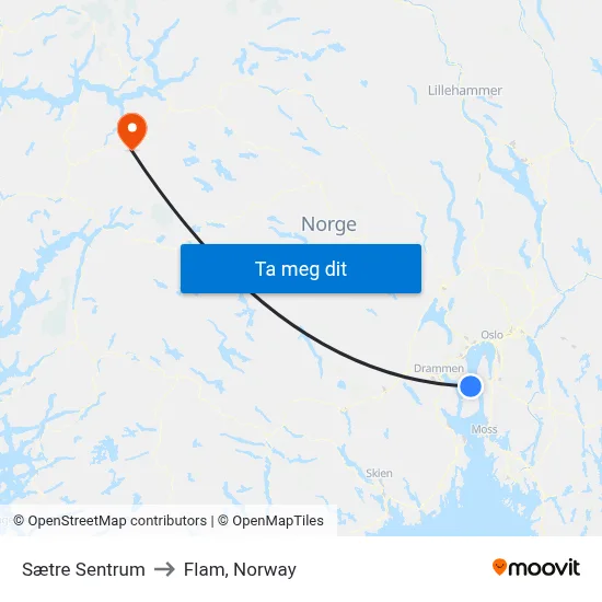 Sætre Sentrum to Flam, Norway map