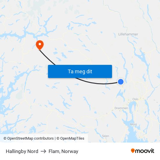 Hallingby Nord to Flam, Norway map