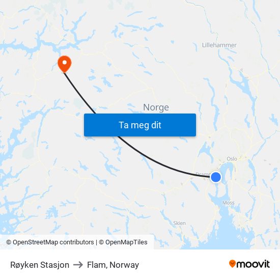 Røyken Stasjon to Flam, Norway map