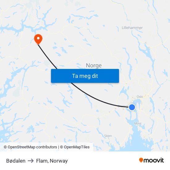 Bødalen to Flam, Norway map