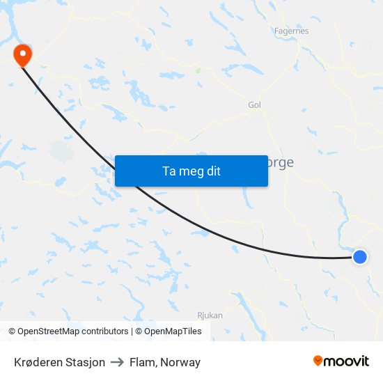 Krøderen Stasjon to Flam, Norway map