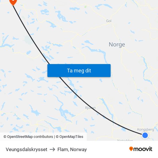 Veungsdalskrysset to Flam, Norway map