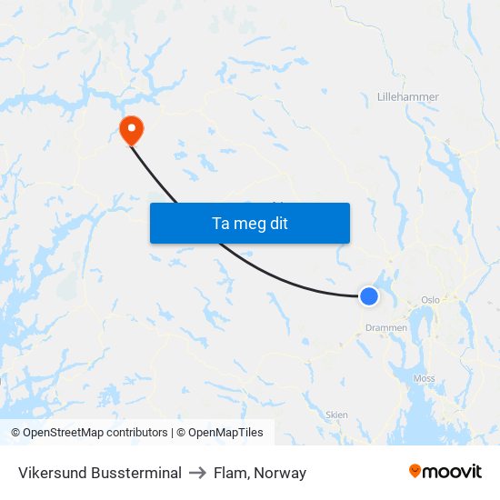 Vikersund Bussterminal to Flam, Norway map