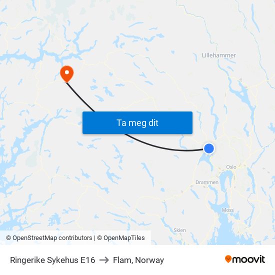 Ringerike Sykehus E16 to Flam, Norway map
