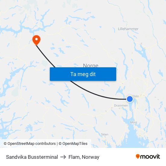 Sandvika Bussterminal to Flam, Norway map