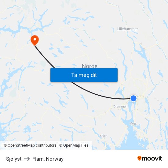 Sjølyst to Flam, Norway map