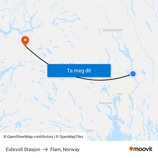 Eidsvoll Stasjon to Flam, Norway map